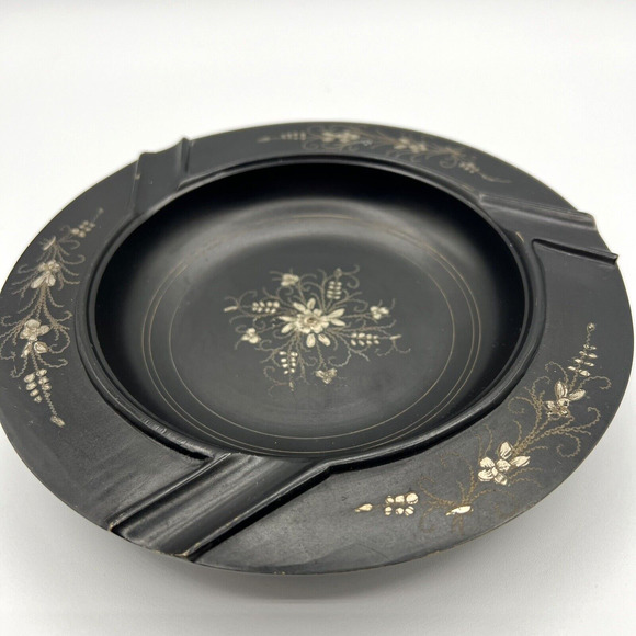 Vintage Matte Black Metal Ashtray With Gold Toned Etched Floral Designs, Boho - Picture 8 of 10
